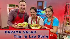 Pla and Joy, restaurant owners in Omaha, Nebraska, prepare papaya salad on the set of Spice and Recipe: The Origins of Flavor with Mike DiGiacomo