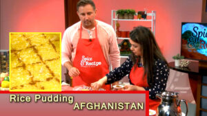 Saffron and Rice Pudding of Afghanistan, prepared by Maryam Amini of Omaha, Nerbraska for Spice and Recipe with Mike Digiacomo.