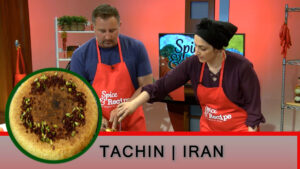 Tachin or Persian Saffron Rice prepared by Nushin Musavi on the set of Spice and Recipe: The Origins of Flavor with Mike DiGiacomo.